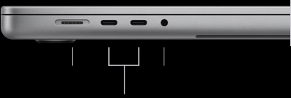 MacBook Pro 16 pouces, fermé, côté gauche, montrant le port MagSafe 3, deux ports Thunderbolt 5 et la prise casque