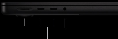 MacBook Pro 14-inch with M5 Pro or M5 Max, closed, left side, showing MagSafe 3 port, two Thunderbolt 5 ports, and headphone jack