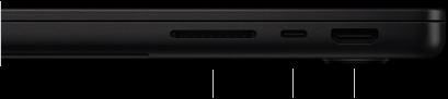MacBook Pro with M5 Pro or M5 Max chip, space black color, closed, right side, showing three ports: SDXC, Thunderbolt 5, and HDMI