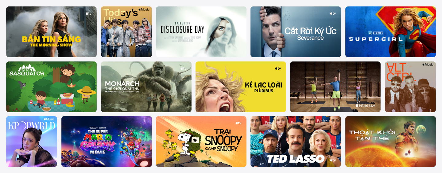 Lưới các áp phích nghệ thuật từ các dịch vụ Apple TV, Apple Music, Apple Fitness+, Apple Arcade và các đối tác kênh