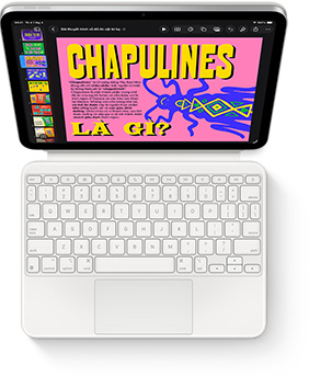 Hình ảnh nhìn từ trên xuống của iPad với Magic Keyboard Folio màu trắng.